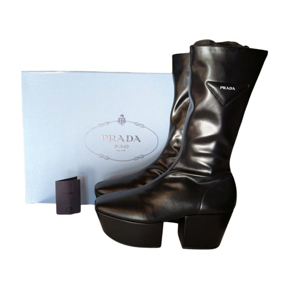NIB PRADA Black Platform Square Toe Mid Calf Leather‎ Sock Boots Size 39
